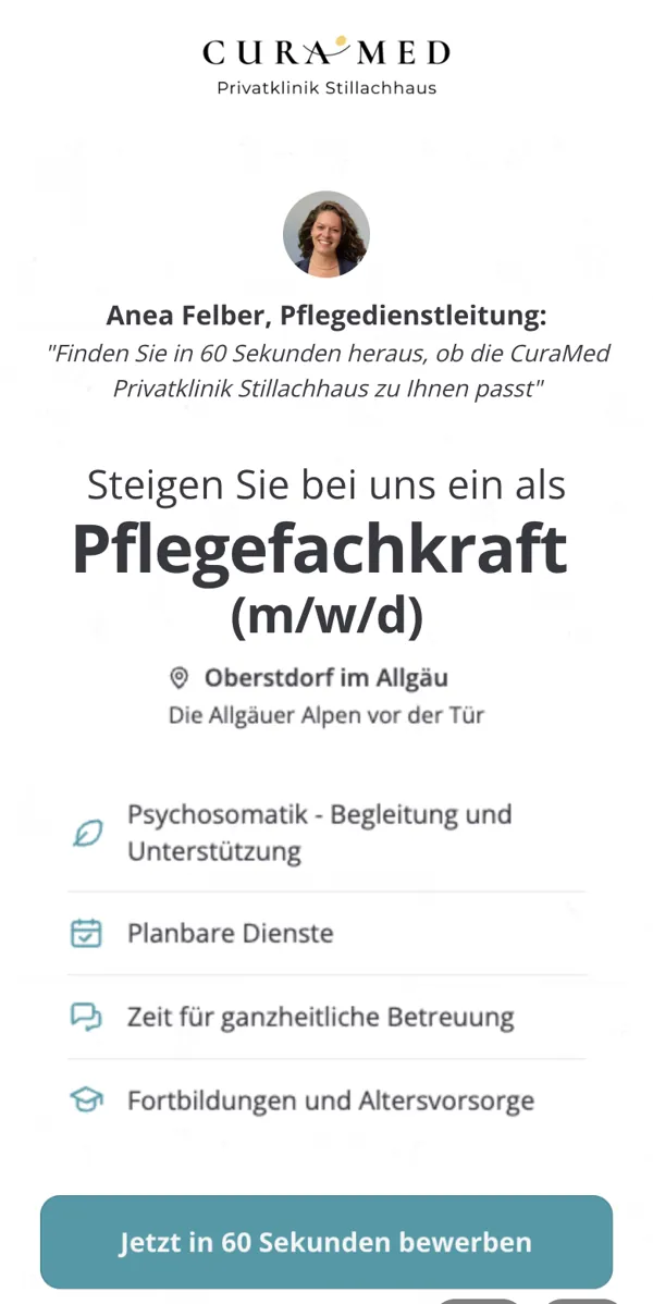 Recruiting-Funnel für die CuraMed Privatklinik Stillachhaus: Bewerbung als Pflegefachkraft in 60 Sekunden