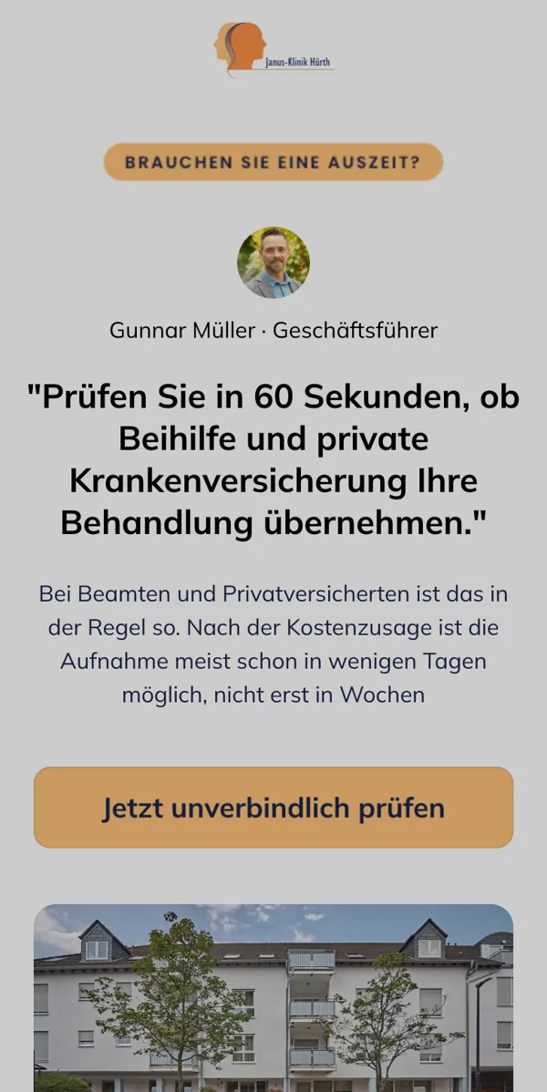 Patienten-Funnel der Janus-Klinik Hürth: Prüfung von Beihilfe und privater Krankenversicherung in 60 Sekunden